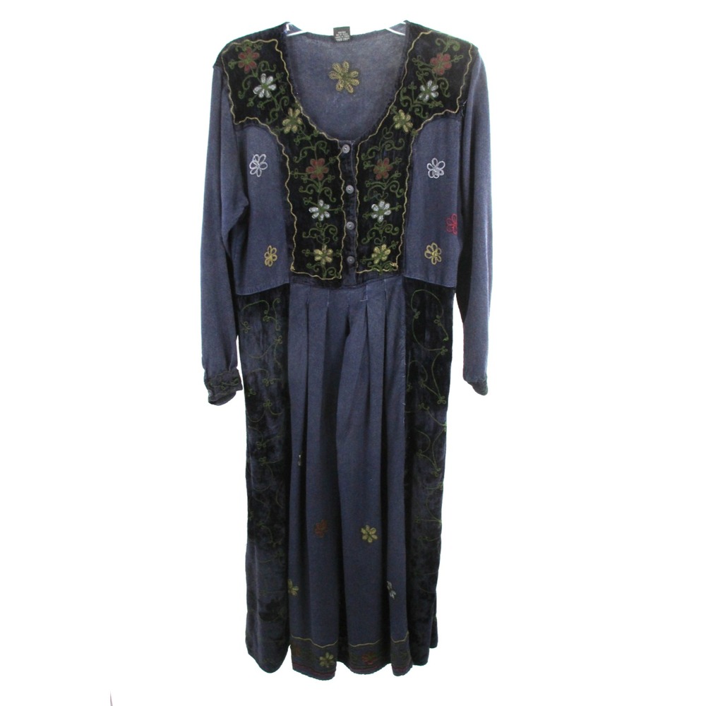 Sacred Threads Maxi Dress Women XL Indigo Blue Floral Embroidery Bohemian VTG